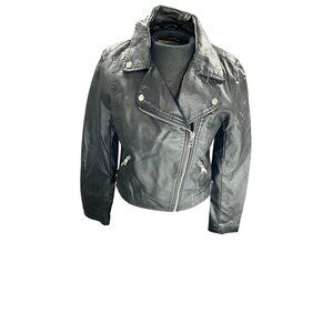Primark Black Faux Leather Moto Jacket Womens Size 2 With Zipper Details & Silve